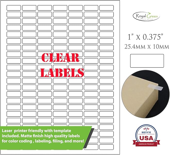 Rectangle Labels Clear Matte Finish 1" x 0.375" -824 Pack Includes Bonus Red Label Stickers - Clear Retail Package Seals by Royal Green