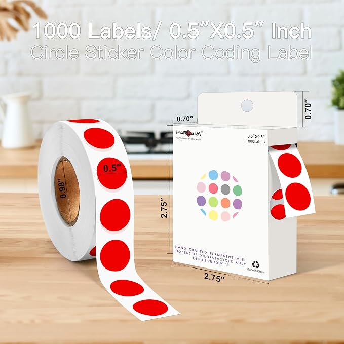 PARLAIM 1/2 Inch Circle Sticker Labels,1000 Stickers Round Color Coding Circle Dots Stickers,Roll Dot Stickers Label for Office Home Office(Red)