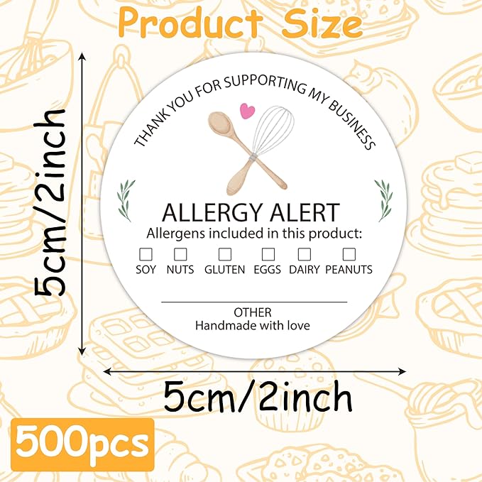 PANTIDE Food Allergy Alert Stickers - 500 Count Allergen Warning Label Writable Ingredient Adhesive Round Decal Roll, Food Alert Safety for Restaurant Home Kitchen Bakery Cake Shop (2 x 2 Inch, White)