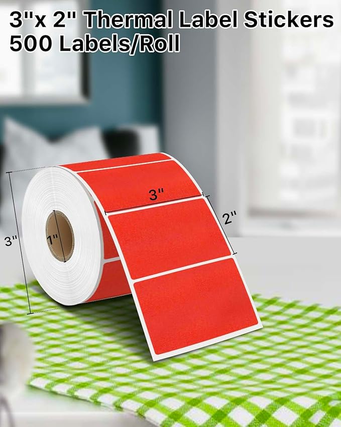 iEager 3" x 2" Thermal Labels, Rectangle Thermal Printer Stickers, Self-Adhesive Durable Sticker with Perforation Line, 500 Labels/Roll, Red