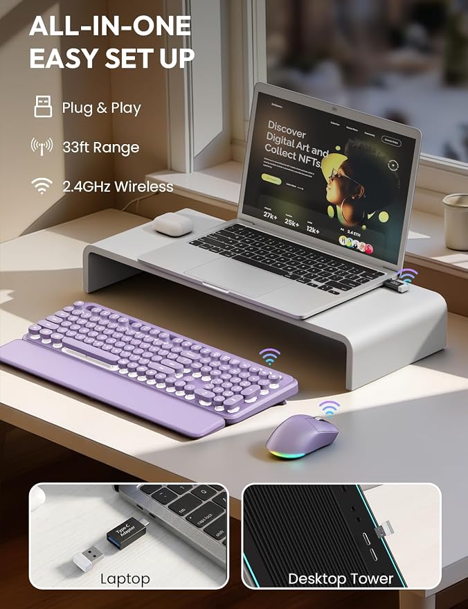 Wireless Keyboard and Mouse, Backlit Typewriter with Magnetic Wrist Rest | Phone Holder, Light Up Round Keycaps, Lighting Mouse, 2.4GHz Cordless Set for Mac, Windows, PC, Laptop, SABLUTE