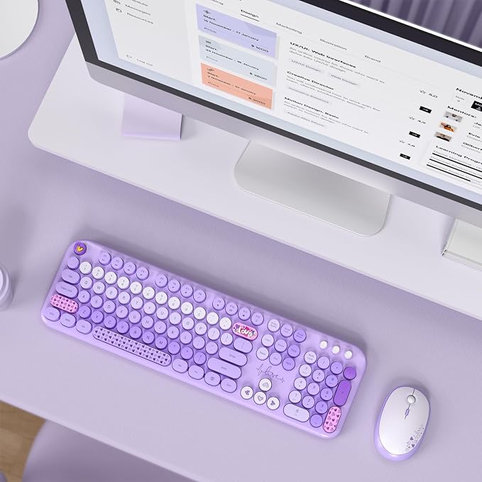 MOFII Wireless Keyboard and Mouse Combo, Cute Retro Typewriter Keyboard and Silent Mouse, 2.4GHz Full Size Computer Keyboard Wireless Mouse Set for PC, Laptop, Desktop, Windows (Purple Colorful)