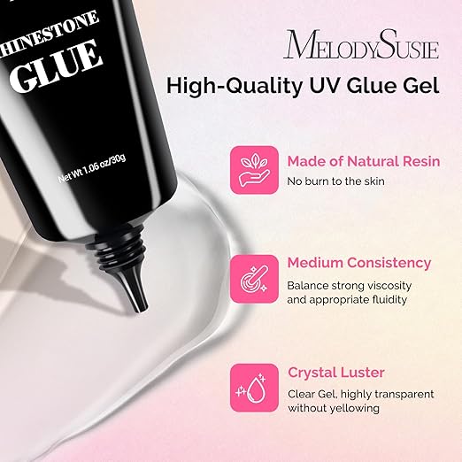 MelodySusie Rhinestone Glue Super Strong Gel Nail Glue for 3D Sculpting Nail Art Design Chrome Powder Decals Decor Need UV/LED Cured 30g