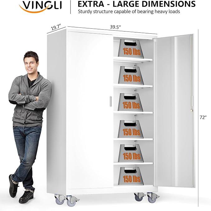 VINGLI Large Metal Storage Cabinet with 2 Doors and 5 Adjustable Shelves, Upgraded Height & Wide & Deep, 40''W x 20''D x 72''H, Oversized Garage Storage Cabinet with Wheels and Locks (White)