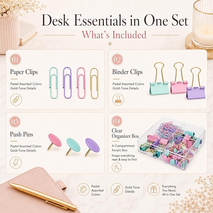 Paper Clips and Binder Clips Push Pin Set, Assorted Size Clip | 165-Piece Decorative Paper Clip Set, Cute Desk Accessories for School, Home, Office, Desk, Documents, Pastel Color