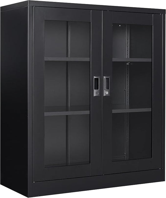 Black Metal Storage Cabinet with Doors and Shelves,36 inch Locking Display Cabinet with Acrylic Doors,Office Cabinets with Lock,Sideboard Cabinets for Home Office,Living/Dining/Utility Room,