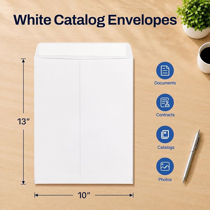 SUNEE 10 x 13 Self Seal Catalog Envelopes, 28lb White Security Mailing Envelopes, Ultra Strong Quick-Seal for Documents, Office & Business Use, 100 Pack