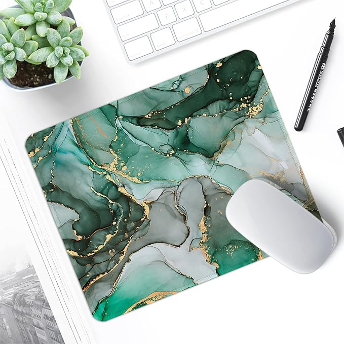 ITNRSIIET Mouse Pad with Stitched Edge Premium Textured Smooth Precise Operation Waterproof Washable Non-Slip Rubber Base Desktop Protection Mat, 10.2×8.3×0.12 inches, Green Marble Texture