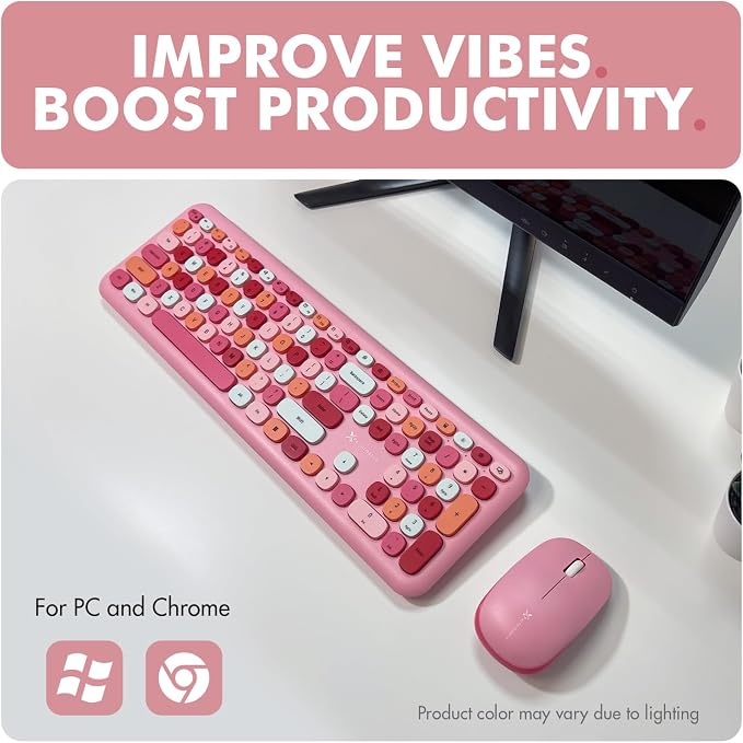 X9 Pink Keyboard and Mouse Wireless Combo - Retro Typewriter Keyboard and Mouse with Aesthetic Bubble Keys - Colorful Keyboard and Mouse Wireless for PC, Laptop, Windows, Chrome