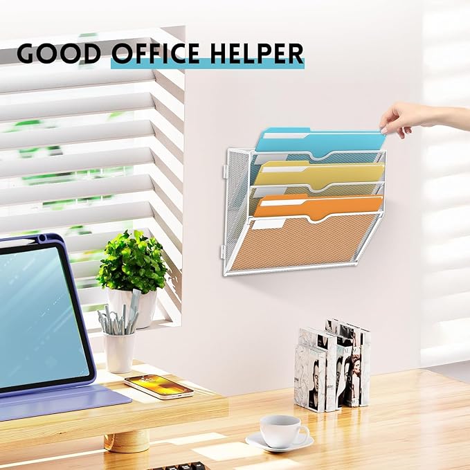 3-Tier Wall File Organizer, Hanging Wall Mounted Mail Organizer with Label Slots, Metal Mesh File Holder Magazine Rack for Office, Home, School or Classroom, White