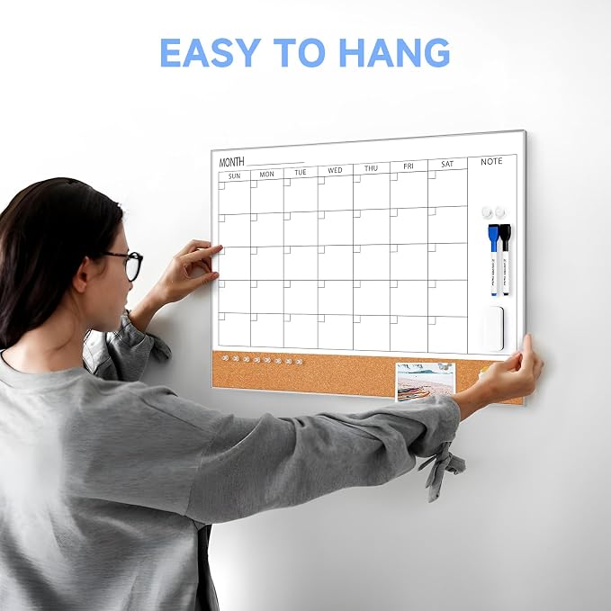 Dry Erase Calendar with Cork Board for Wall | 24"x 18" Magnetic Calendar Whiteboard with Silver Frame, Monthly Combination Board for School, Home, Office