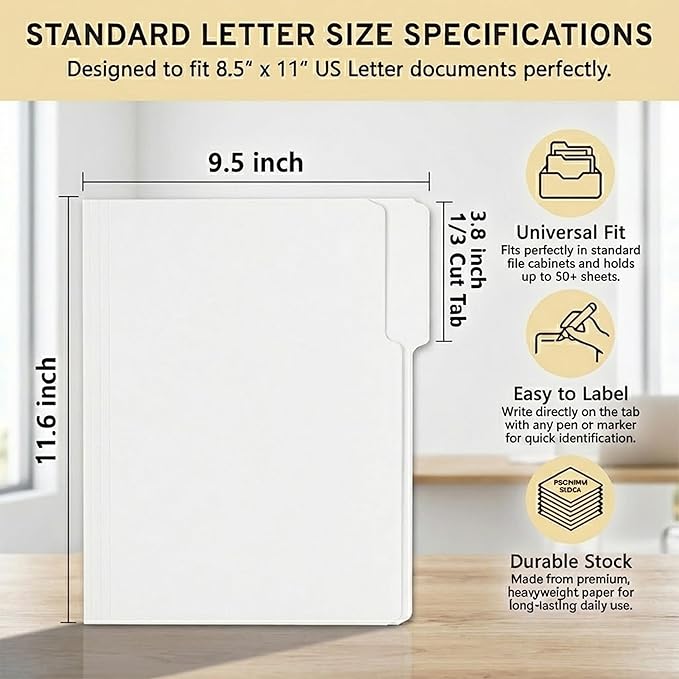 100 Packs White File Folder,Paper File Folders Letter Size,1/3-Cut Tabs,8.5x11 Manilla File Folders for Office Filing,School Projects and Home,Organizer Documents