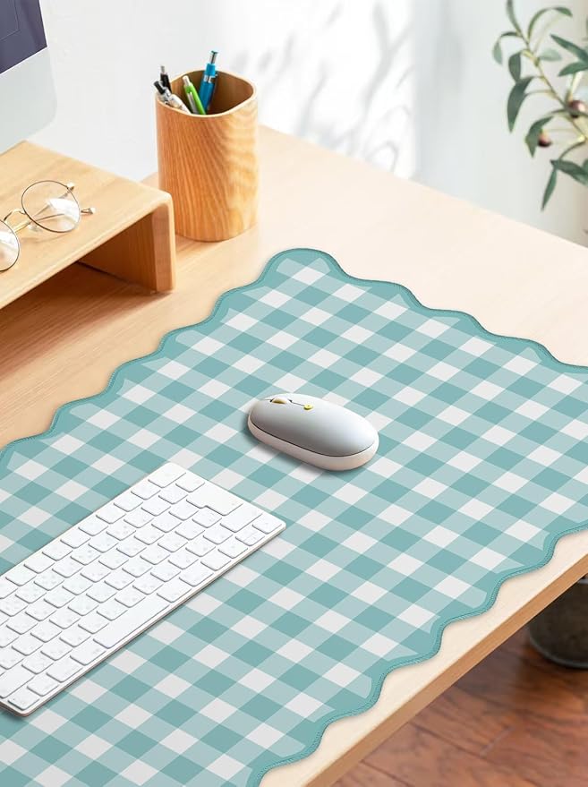Scalloped‌ Teal Green Checkered Desk Mat Cute Pastel Large Gaming Mouse Pad Gingham Kawaii Cottagecore ‌Vintage‌ Girly Keyboard Computer Mat Aesthetic Desk Pad Accessories Office Decor for Women