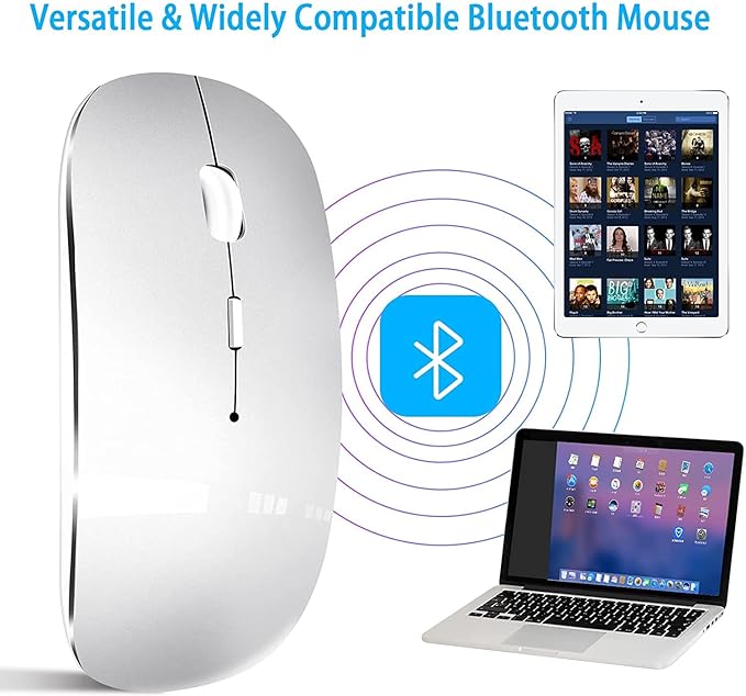 Wireless Mouse for Laptop, Bluetooth Mouse for MacBook Pro/Air/Mac/iPad/Chromebook/Computer -Rechargeale Dual Mode(USB 2.4Ghz + Bluetooth 5.2) Silent Cordless Mice with USB C Adapter,Silver