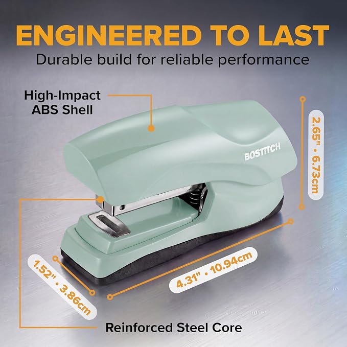Bostitch Heavy Duty Stapler Value Pack, 40 Sheet Capacity, Sage | Half-strip, flat-clinch design opens fully for tacking bulletin boards; includes a staple remover and 5,000 staples.