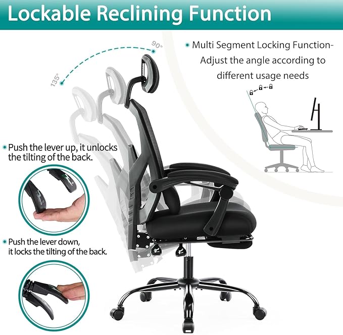 DUMOS Home Office Desk Chair with Footrest, High-Back Mesh Rolling Swivel Reclining Chairs with Wheels, Comfortable Headrest, Lumbar Support, Comfy Arms for Home, Office, Gaming, Student, Inky