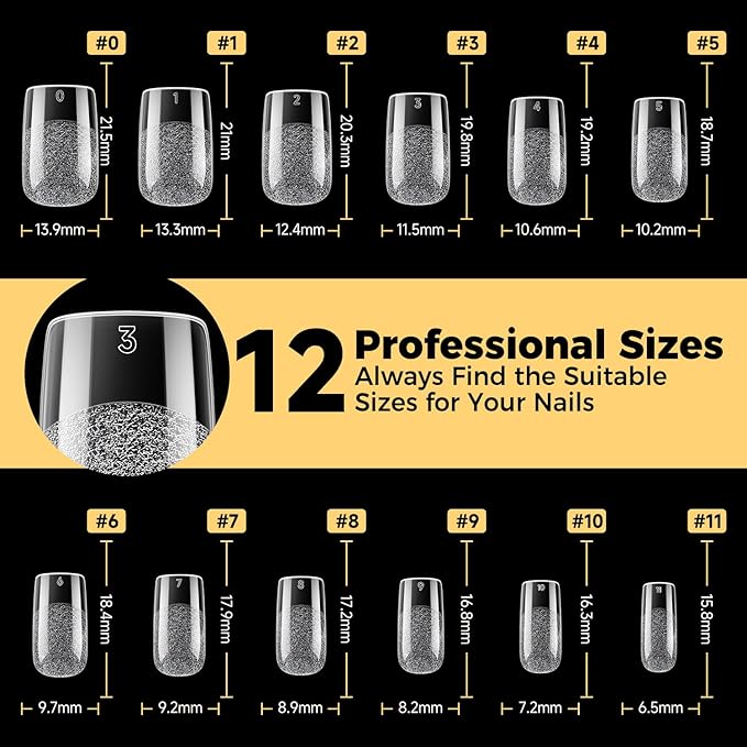 UNA GELLA Square Nail Tips, Short Square Gel Nail Tips, 240pcs Pre Etched Half Matte Soft Gel Press on Nails Full Cover Fake Nails for Nails Extension DIY Salon 12 Sizes At Home