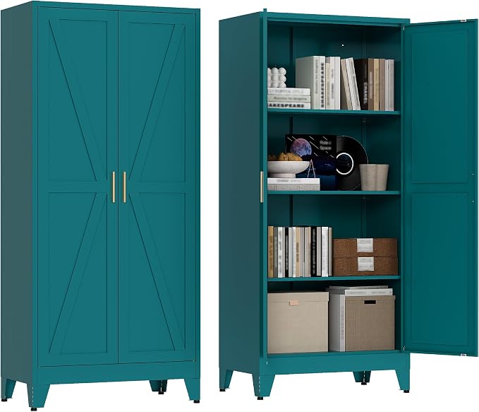 QINPTWUT 61" Metal Storage Cabinet, 4-Tier Kitchen Pantry with 3 Adjustable Shelves, Farmhouse Design Freestanding Cupboard for Kitchen, Bathroom, Laundry, Garage, Blue