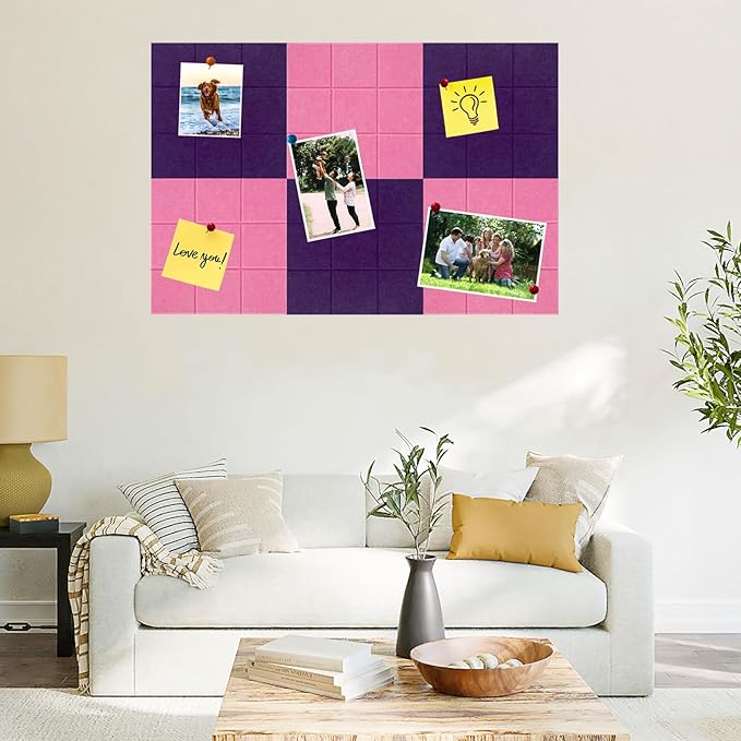 Large Square Felt Cork Board Tiles, Self Adhesive DIY Felt Bulletin Board with 35 Pushpins for Office School Home Wall Decor Stickers Memos (Purple & Pink)