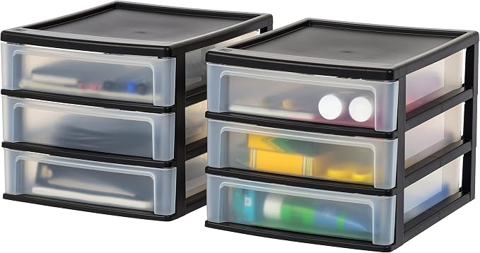IRIS USA 2-Pack, 3-Drawer Medium Plastic Stacking Desktop Organizer, Black | Keep dorm desks organized with drawers for school supplies, makeup, snacks, chargers and everyday college essentials