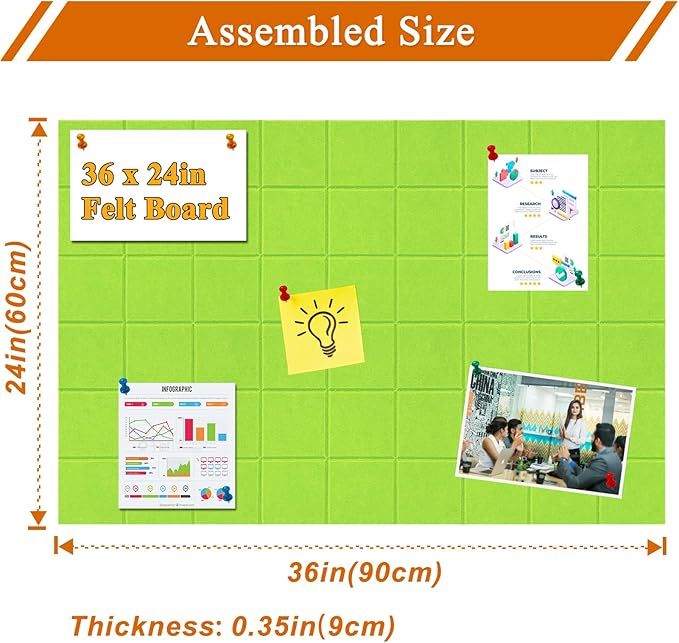 Large Square Felt Cork Board Tiles, Self Adhesive DIY Felt Bulletin Board with 35 Pushpins for Office School Home Wall Decor Stickers Memos (Bright Green)