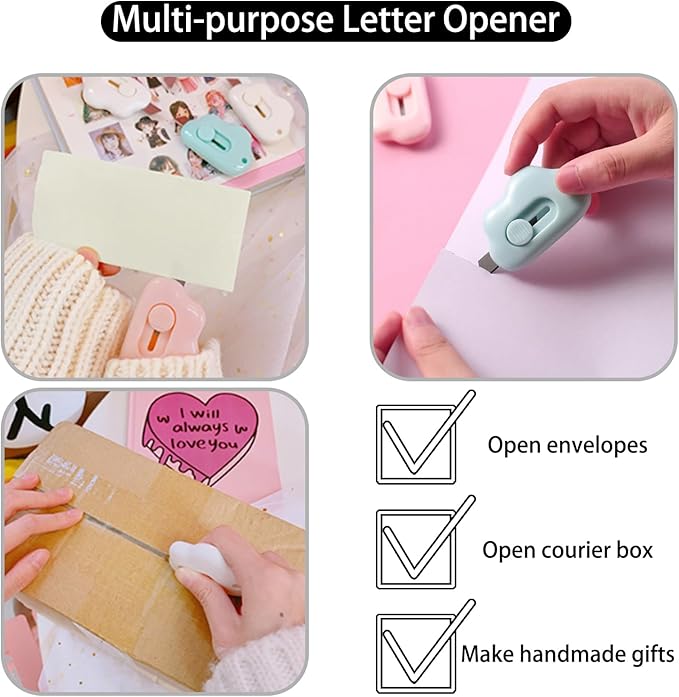 Box Cutters Retractable, 3 Pack Retractable Letter Opener, Adorable Cloud Tiny Letter Opener Envelope Slitter for Key Chain Pocket Bag Package Envelope Mail Letter Box, 2.24 * 1.5 * 0.55inch