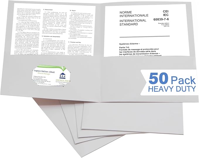 Zzrywuty 50 Packs White Two Pocket File Folders with Business Card Slot,Special Paper,Letter Size,Holds 100 Sheets for School,Office,Business