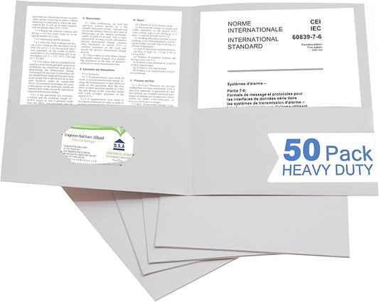 Zzrywuty 50 Packs White Two Pocket File Folders with Business Card Slot,Special Paper,Letter Size,Holds 100 Sheets for School,Office,Business