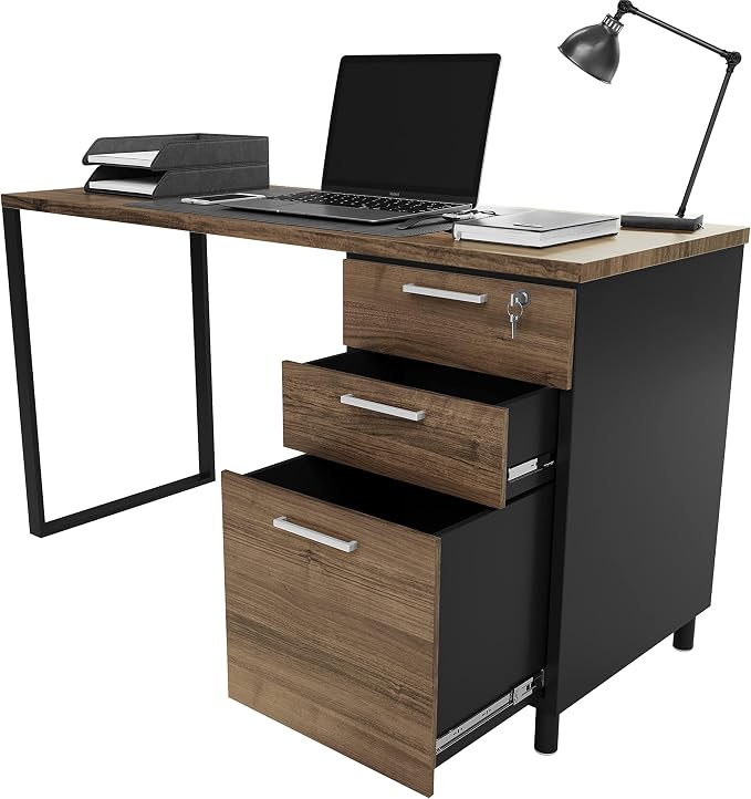 Modern Design Milano Office Computer Desk with 3 Locking Drawers, 48 Inch Walnut and Black Industrial Wood Desk with Filing Drawer and Storage By Crafts and Comfort