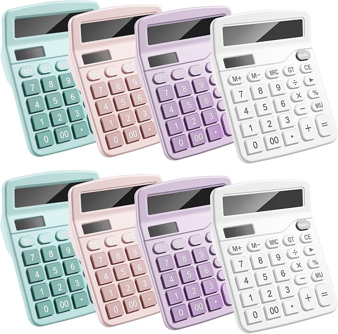8 Pack Calculator Bulk,12 Digits Desktop Calculator with Large LCD Display and Sensitive Buttons,Solar and Battery Dual Power,Perfect for Office,School,Home(4 Colors)