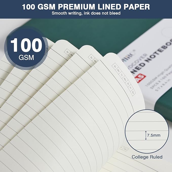 Lined Journal Notebook, A5 (5.7"x8.4"), 3 Pack 160 Pages Journaling Notebooks with Pen, for Women, Men, Work, Writing, Travel, Leather Hardcover, 100GSM Paper, School Office Supplies, Black Blue Brown