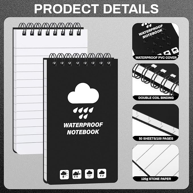 4 Pack Weatherproof Pocket Notebook, 5" x 3" Top-Spiral Weatherproof All Weather Notepad for Office School Police Outdoor Recording Steno Note Pads