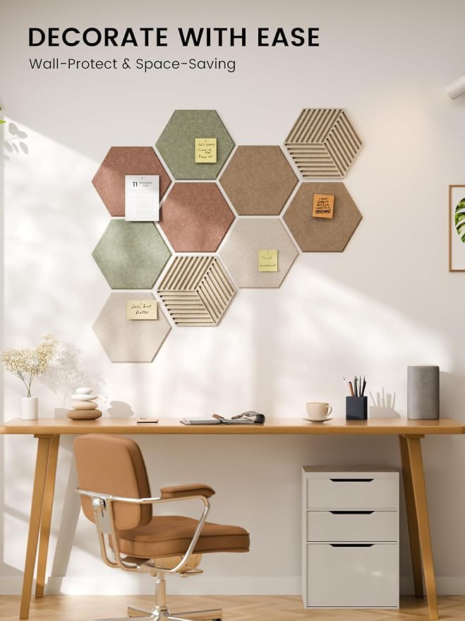 Fluxynara 10-Pack Hexagon Cork Board Alternative, Boho | Felt Bulletin Board with 50 Adhesive Tabs, Ideal for Vision Boards and Wall Decor in Homes, Offices, Classrooms, and Dorms