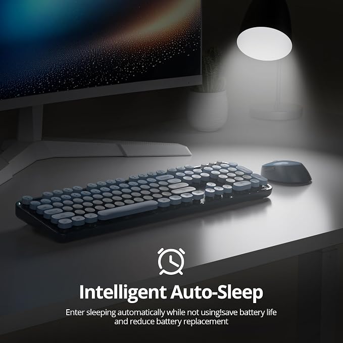 Wireless Keyboard and Mouse Set, Retro Typewriter Sea Blue | 1600DPI Full Size With Number Pad & Mouse,Compatible With All Windows,Ideal For Computer, PC, Notebook, Laptop