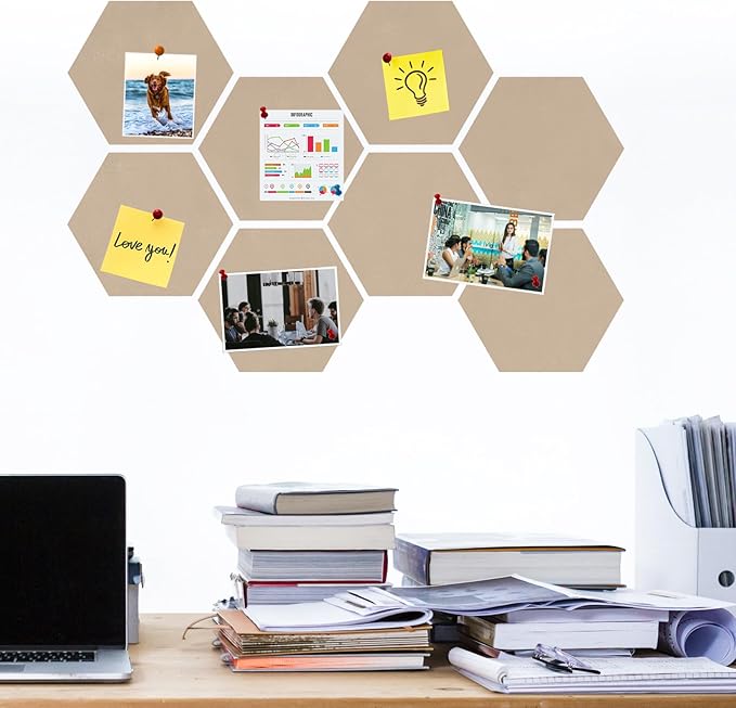 Large Hexagon Felt Cork Board Tiles, Self Adhesive DIY Felt Bulletin Board Pin Board with 35 Pushpins for Office School Home Wall Decor Stickers Memos Photos Display(Light Brown)