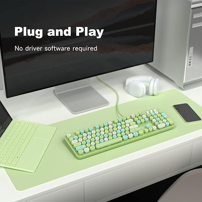 Computer Keyboard Wired, Plug and Play USB Retro Round Typewriter Keyboard, Full Size Wired Keyboard with Foldable Stands for Laptop and Office PC