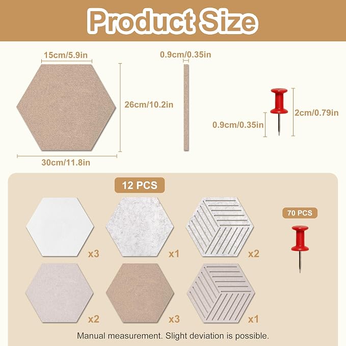 12PK Hexagon Cork Board & Warm Khaki Felt Bulletin Board 70 Pins | 11.8x10.2 inches, 12-pack set, cut-out geometric designs, ideal for home office wall decor, vision board, DIY art projects