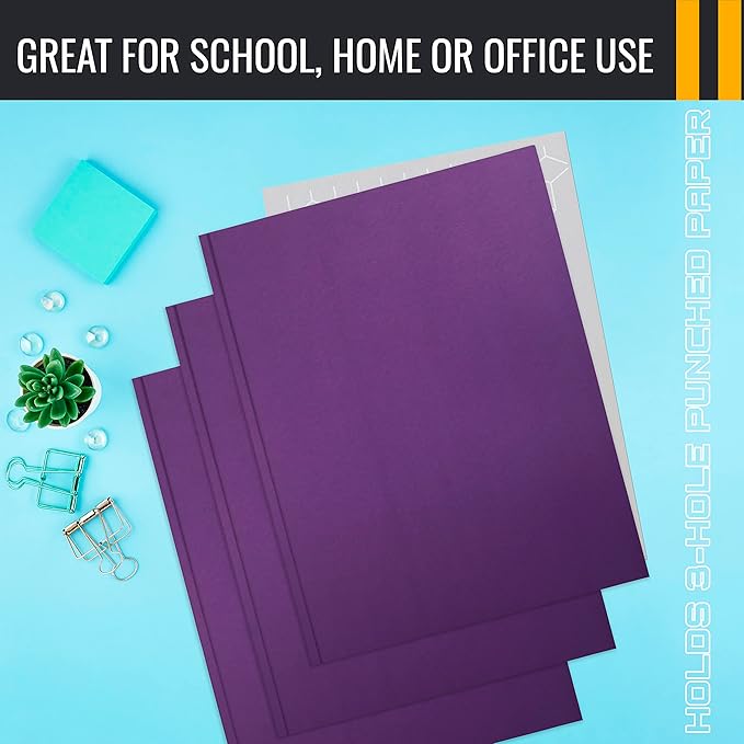 Better Office Products Purple Paper 2 Pocket Folders with Prongs, 50 Pack, Matte Texture, Letter Size Paper Folders, 50 Pack, with 3 Metal Prong Fastener Clips, Purple