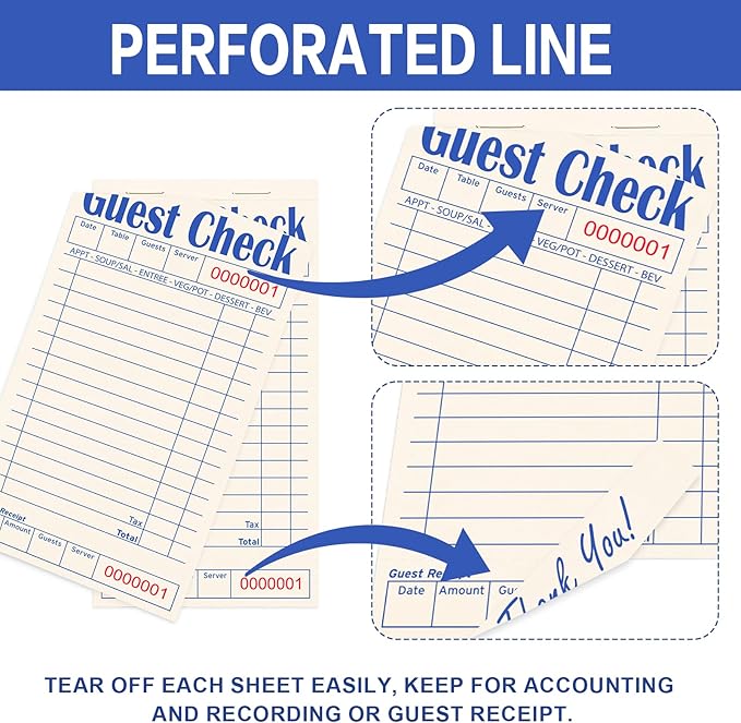 Guest Checks Books for Servers, Server Note Pads, 6 Pack, Natural Color Paper, Waitress Notepad for Restaurants, Waitress Accessories, 300 Sheets, Blue