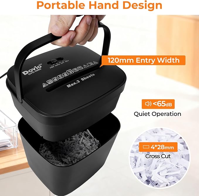 OVO-408S 4x28mm Cross Cut Mini Paper Shredder for Home Office, Auto Start/Stop, 3-Sheet Capacity, Quiet <65dB with 4L Bin & Motor Reverse