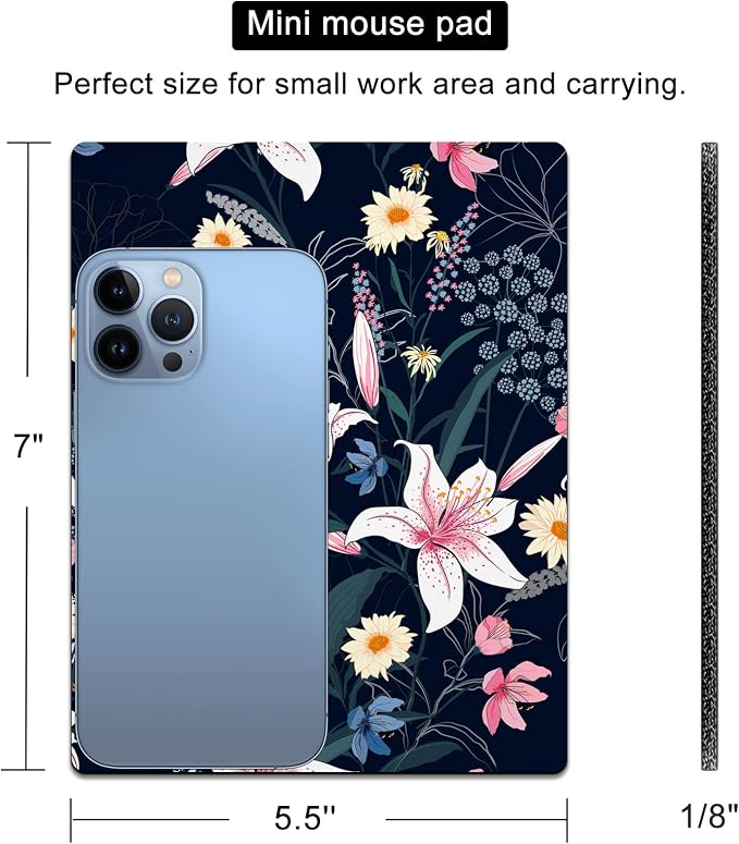 Small Mouse Pad Cute, Mini Mouse Pads for Wireless Mouse and Laptop, Travel Mousepad with Designs - Aesthetic Floral, Portable Mousepads with Non-Slip Rubber Base for Women - 5.5 x 7 in