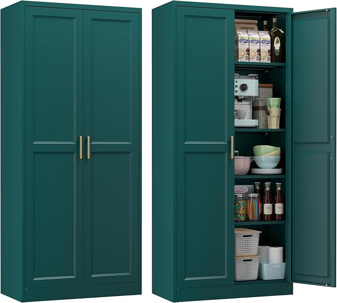 71" Tall Metal Kitchen Pantry Cabinet, Storage Cabinet with Doors | Kitchen Cabinet with 4 Adjustable Shelves, Tall Food Pantry Cabinet, Green Cupboard for Kitchen, Dining Room, Garage & Office