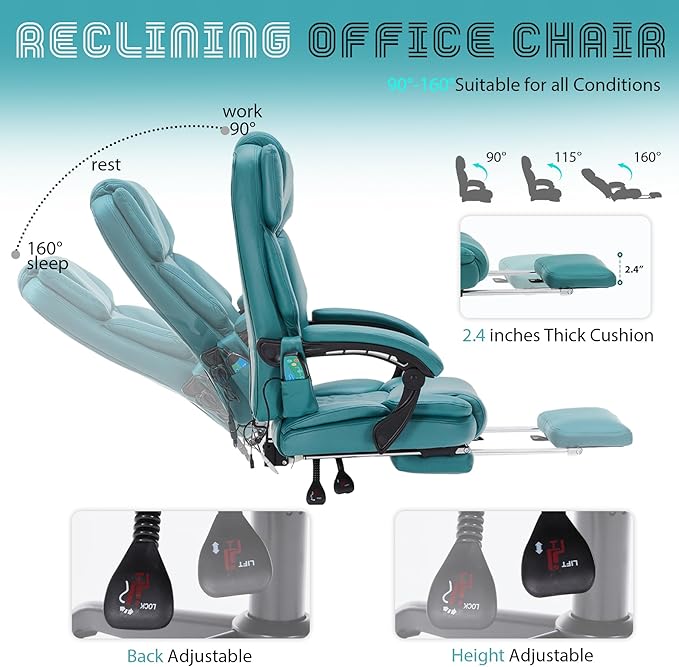 Massage Office Chair with Foot Rest 6 Points Vibration and Heat Home Office Desk Chairs for Heavy People 400lbs Reclining Managerial Chairs Ergonomic Executive Chair (Teal Blue)