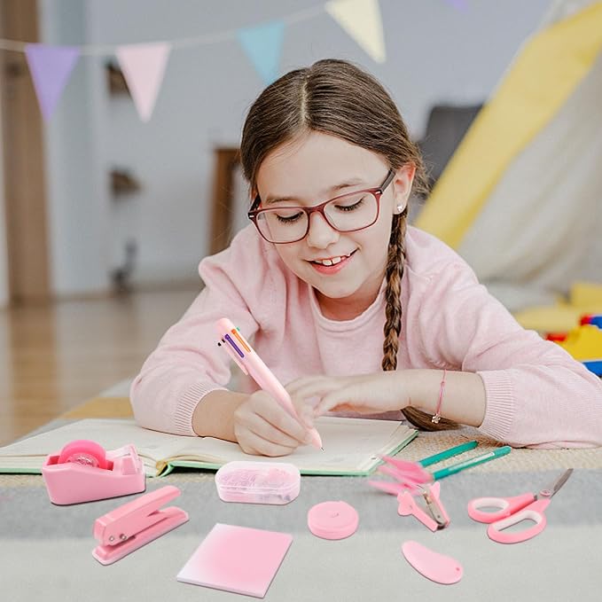 Pink Desk Accessory Kit Cute Office Supplies Set Desktop Stapler Set Includes Staple Remover Hole Punch Tape Dispenser Ballpoint Pen Scissor Mini Box Cutter Tape Measure Paper Clips Sticky Notes