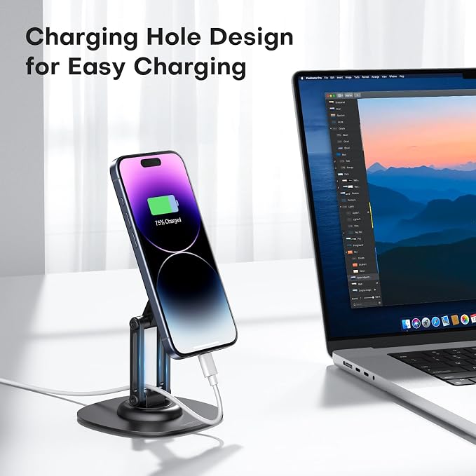 OMOTON MS04 [360° Rotating] Adjustable Magnetic Phone Stand for Desk, Black | Fold Aluminum for MagSafe Cell Phone Stand with Non-Slip Base for iPhone 17/16/15 Pro Max Air for PC Gaming Women Men Gift ﻿
