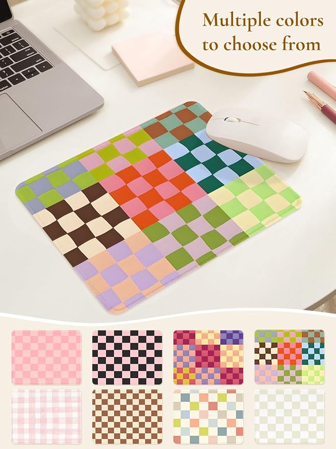 Cute Colorful Mouse Pad,Retro Checkered Pattern Mousepad,Square Aesthetic Waterproof Mouse Mat Design, Non-Slip Rubber Base Funny Boho Small Mouse Pads, Desk Accessories,Purple Blue Green