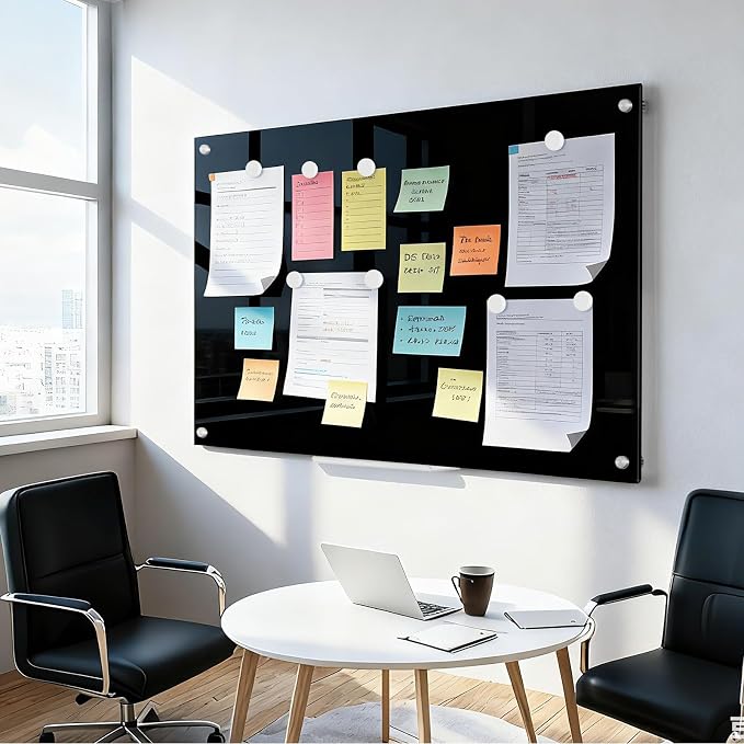48” x 36” Large Black Dry Erase Board Tempered Magnetic Glassboard | (4’ x 3’) Wall Mounted Frameless Dry Erase Black Glass Board with Acrylic Pen tray, Magnets for Office, Home