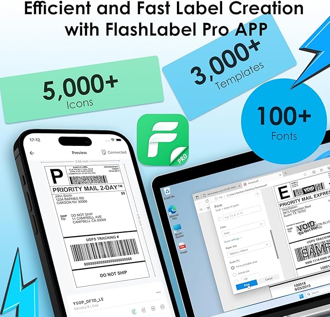 Shipping Thermal Label Printer, 4x6 Portable Label Printer, Bluetooth Label Maker for Small Business, Support iPhone,Android,Windows,Mac,Chromebook,Works with USPS, Etsy,Shopify&More, Black