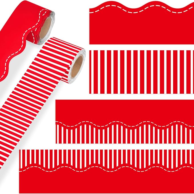 2 Rolls 65.6ft Red Striped Bulletin Board Borders Decoration Scalloped and Straight Edge Bulletin Borders Board Trim for Office School Classroom Chalkboard Party Decoration