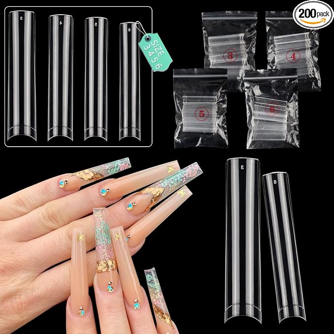 LIONVISON 3XL Square Nail Tips: Individual Size 3 4 5 6 Nail Tips | 200PCS No C Curve XXXL Extra Long - Half Cover Straight Tapered Square Nails Tip 4 Mostly Used Sizes for Home DIY